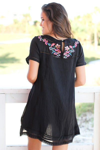 Black Short Dress with Floral Embroidery