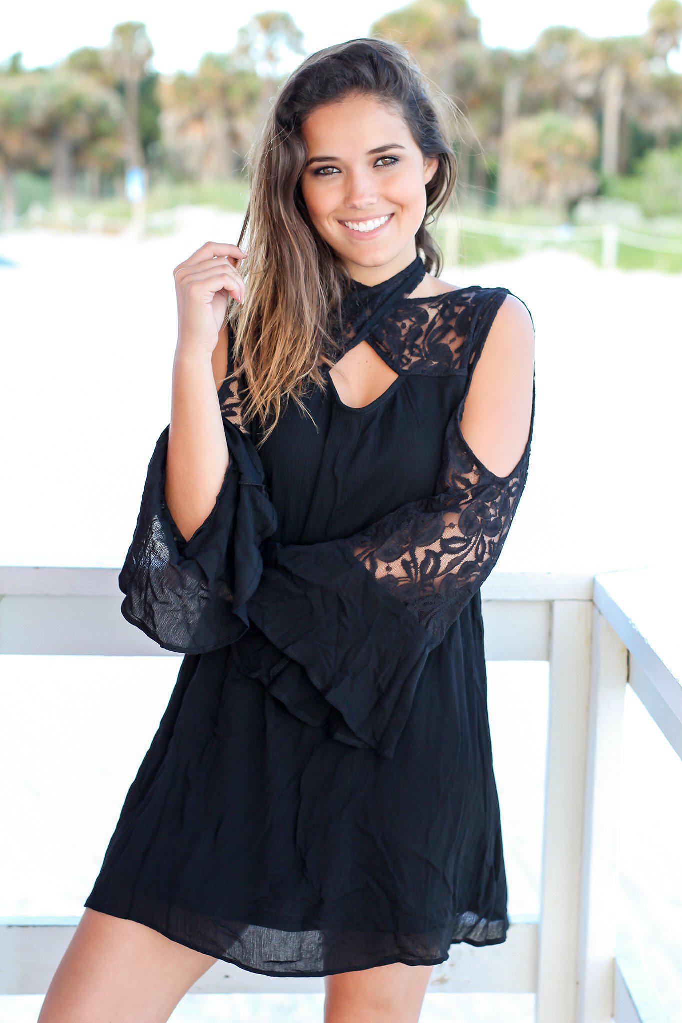 Black Short Dress with Lace Cut Out Sleeves