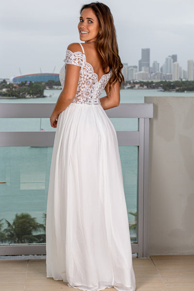 Off White Off Shoulder Embroidered Maxi Dress with Side Slit