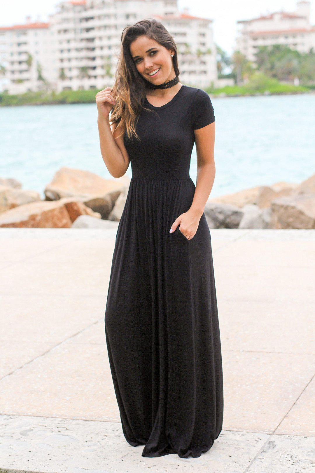 Black Short Sleeve Maxi Dress with Pockets Maxi Dresses Saved by the Dress