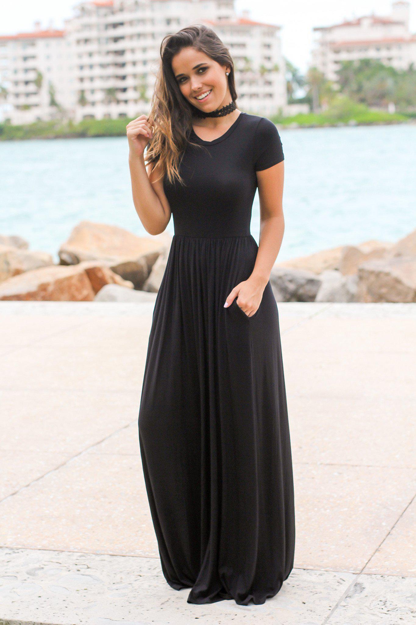 Black Short Sleeve Maxi Dress with Pockets