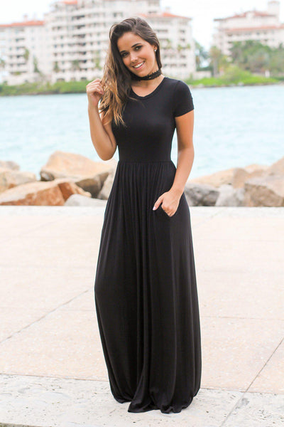 Black Short Sleeve Maxi Dress with Pockets