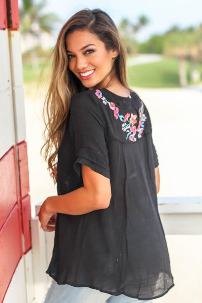 Black Short Sleeve Top with Floral Embroidery