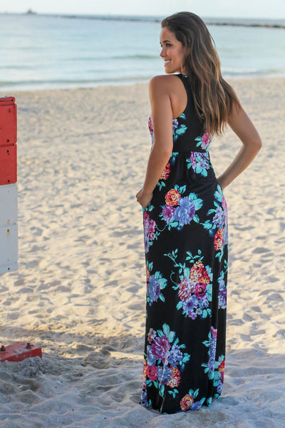 Black Sleeveless Maxi Dress with Mint Floral Print