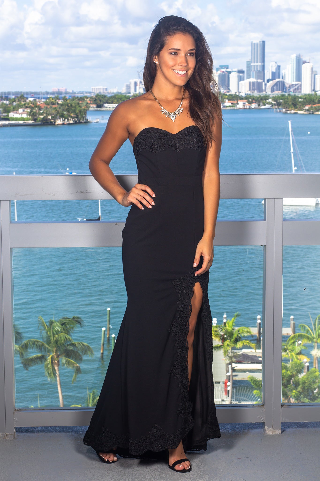 Black Strapless Embroidered Maxi Dress with Side Slit