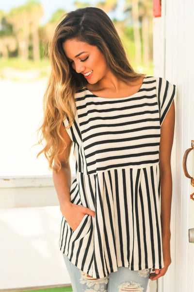 Black Striped Babydoll Top with Pockets