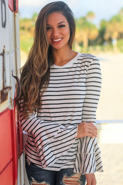 Black Striped Top with Bell Sleeves