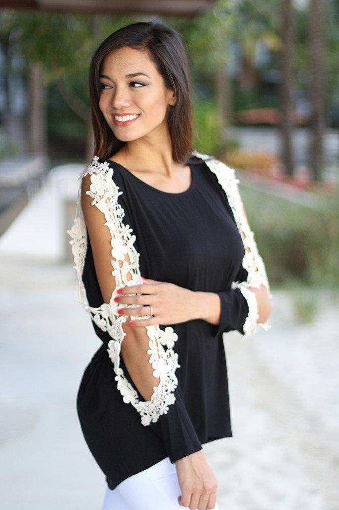 Black Top With Crochet Open Sleeves