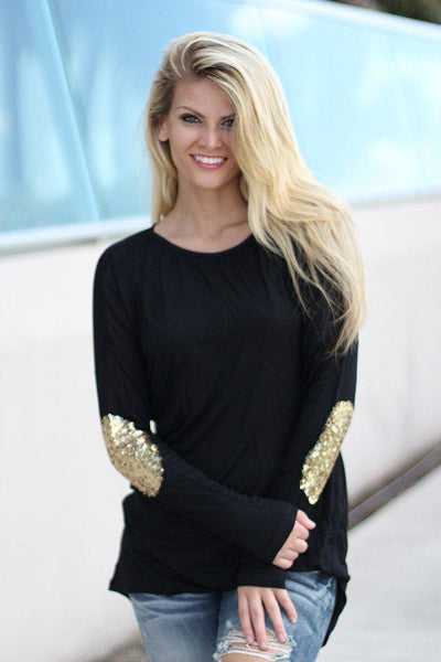 Black Top with Sequin Elbow Patches