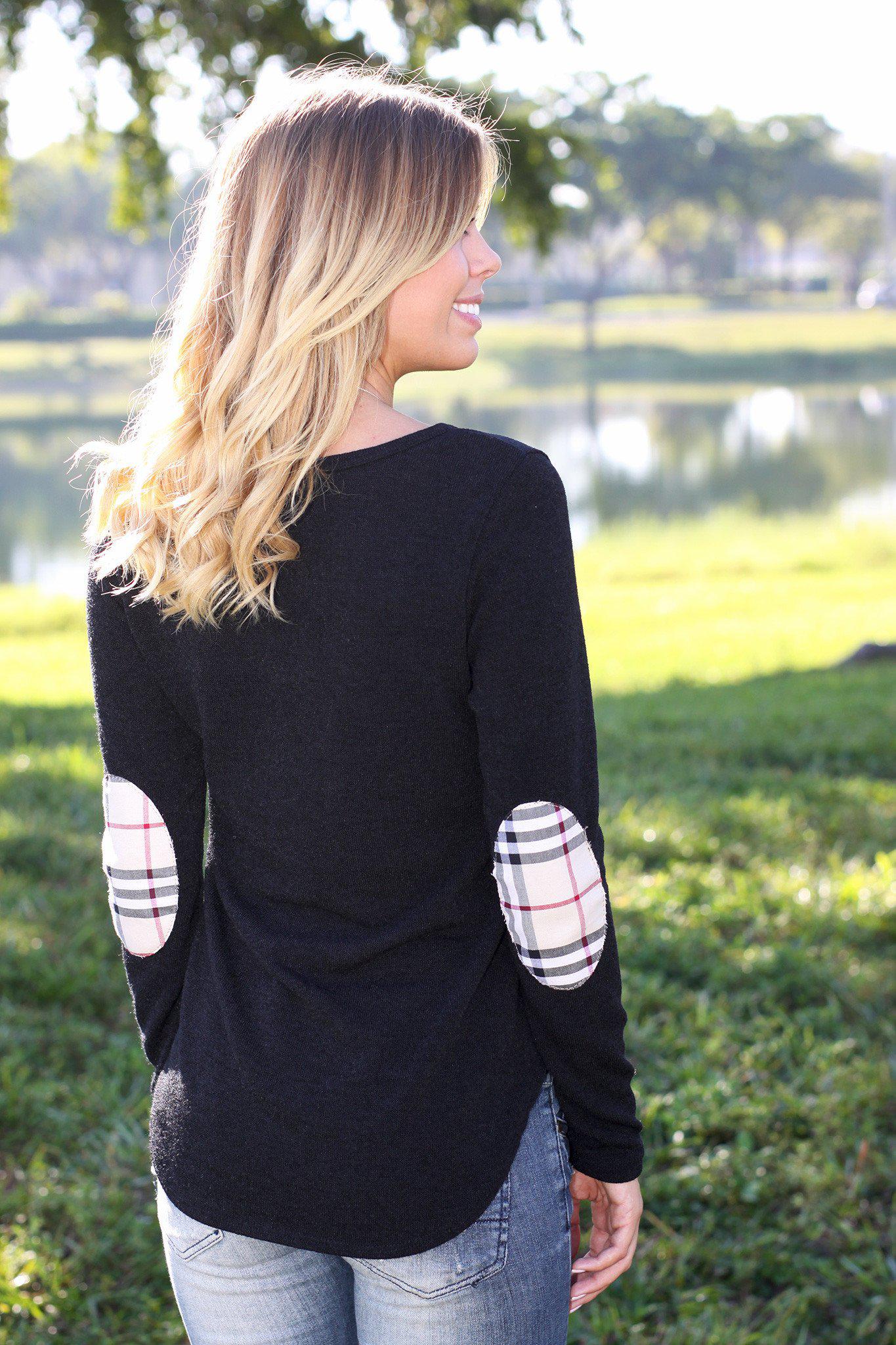 Black Sweater Top with Plaid Elbow Patches | Cute Top | Patched Top ...
