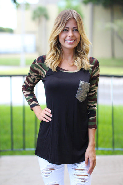 Black Camo Top with Sequined Pocket