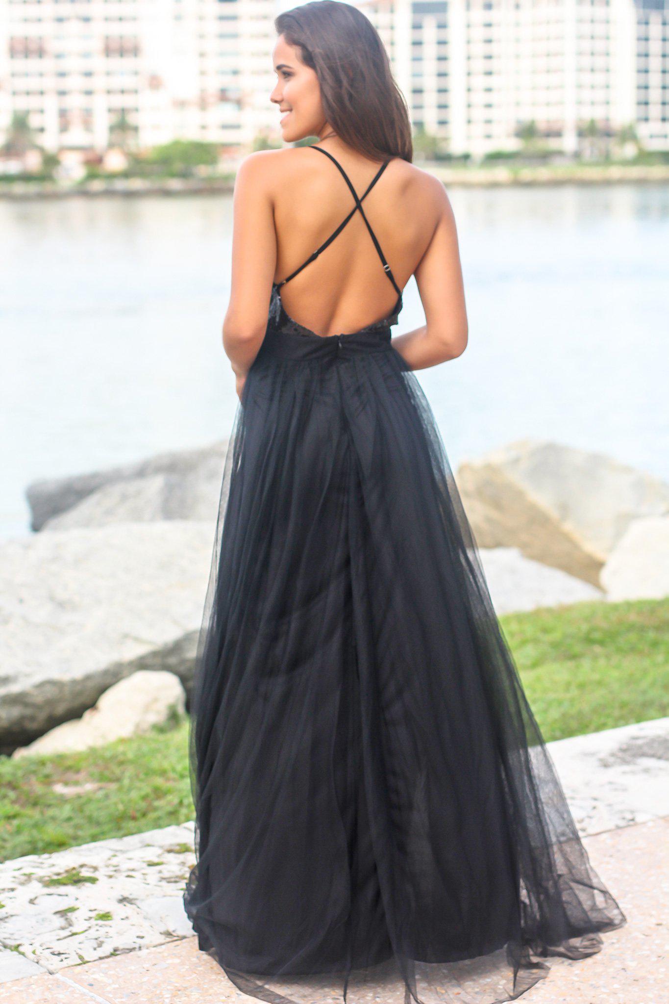 Black Tulle Maxi Dress with Sequin Top and Criss Cross Back