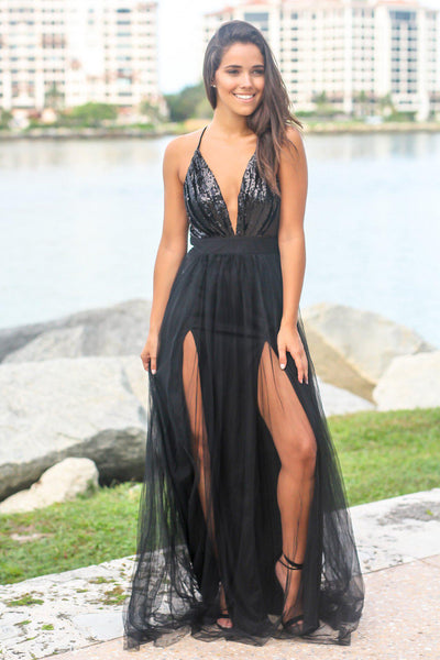 Black Tulle Maxi Dress with Sequin Top and Criss Cross Back