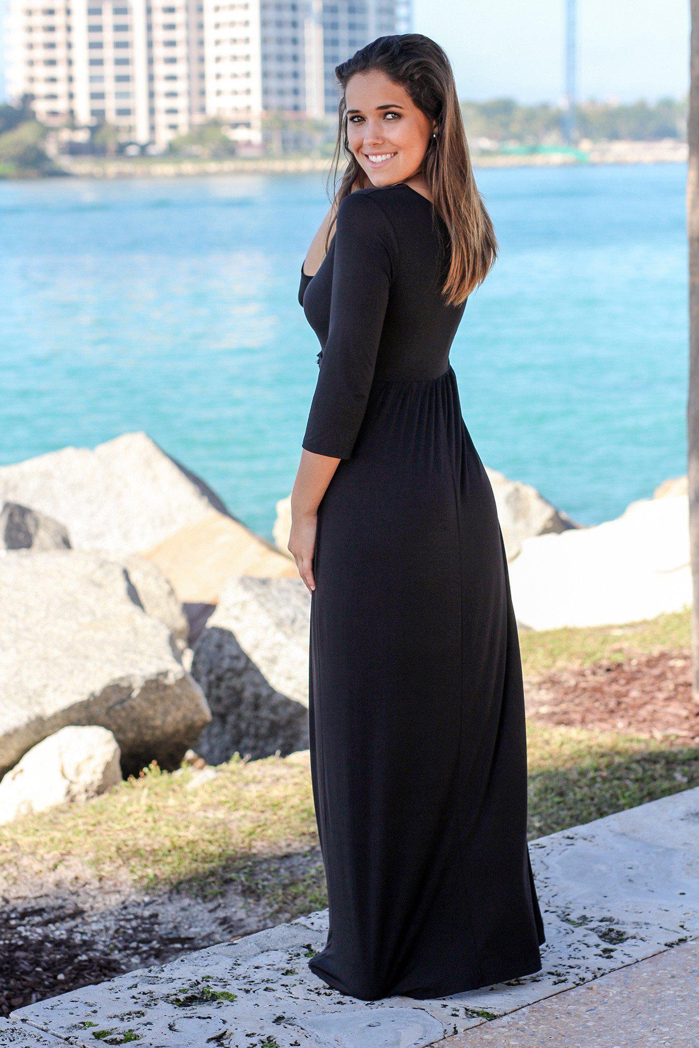 Black V-Neck Maxi Dress with 3/4 Sleeves | Maxi Dresses Saved by the Dress Black V-Neck Maxi Dress with 3/4 Sleeves | Maxi Dresses Saved by the Dress