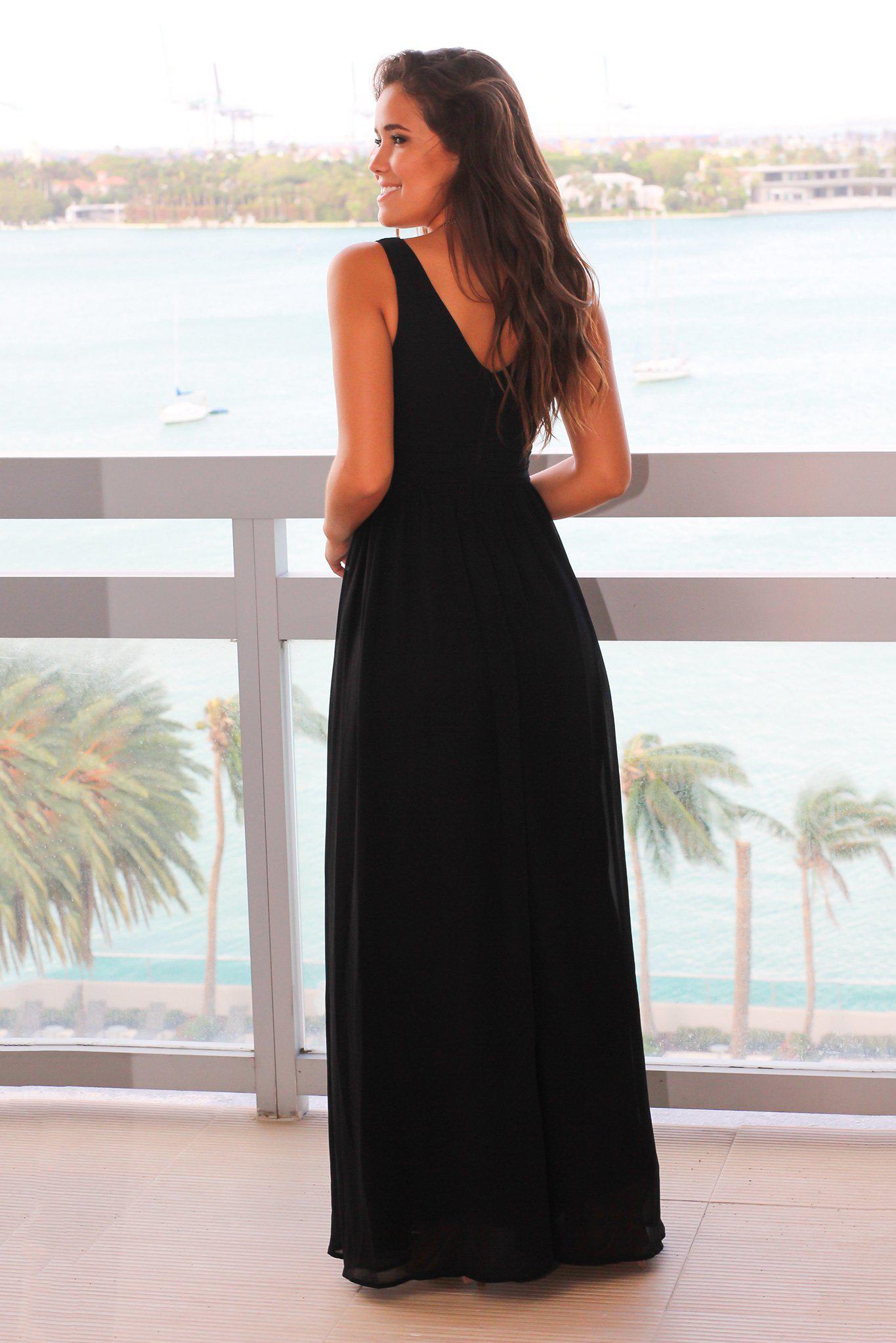 Black V-Neck Maxi Dress with Pleated Top | Maxi Dresses – Saved by the ...