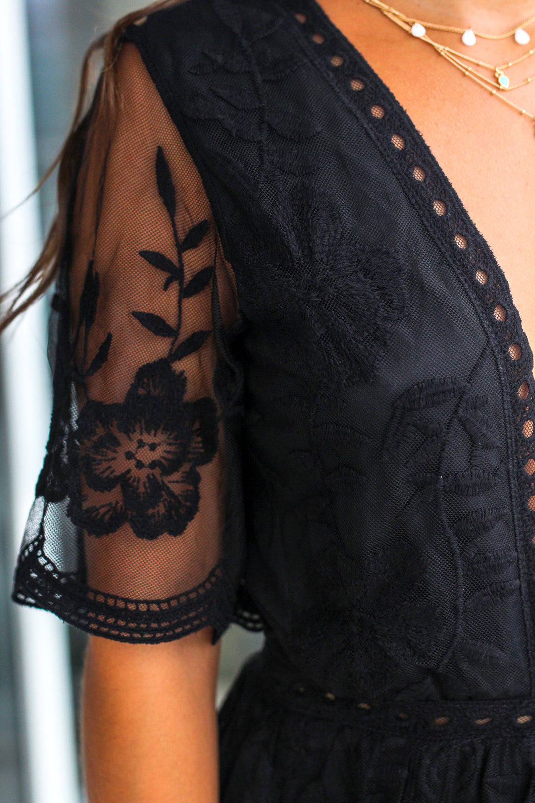eleter women's deep v-neck lace romper short sleeve long dress Black V-Neck Short Lace Romper