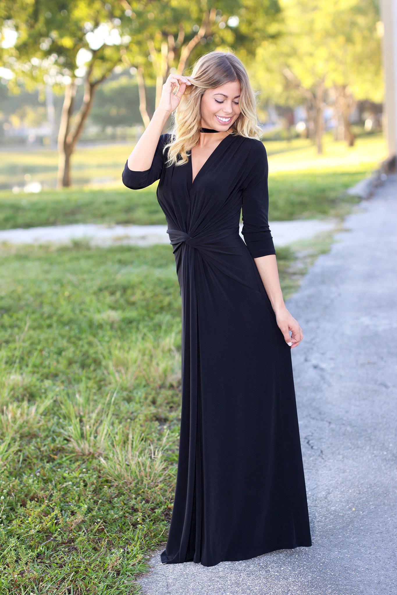 Black Maxi Dress with Knot | 3/4 Sleeves Dress | Black Long Dress | Saved by the Dress Black Maxi Dress with Knot | 3/4 Sleeves Dress | Black Long Dress | Saved by the Dress