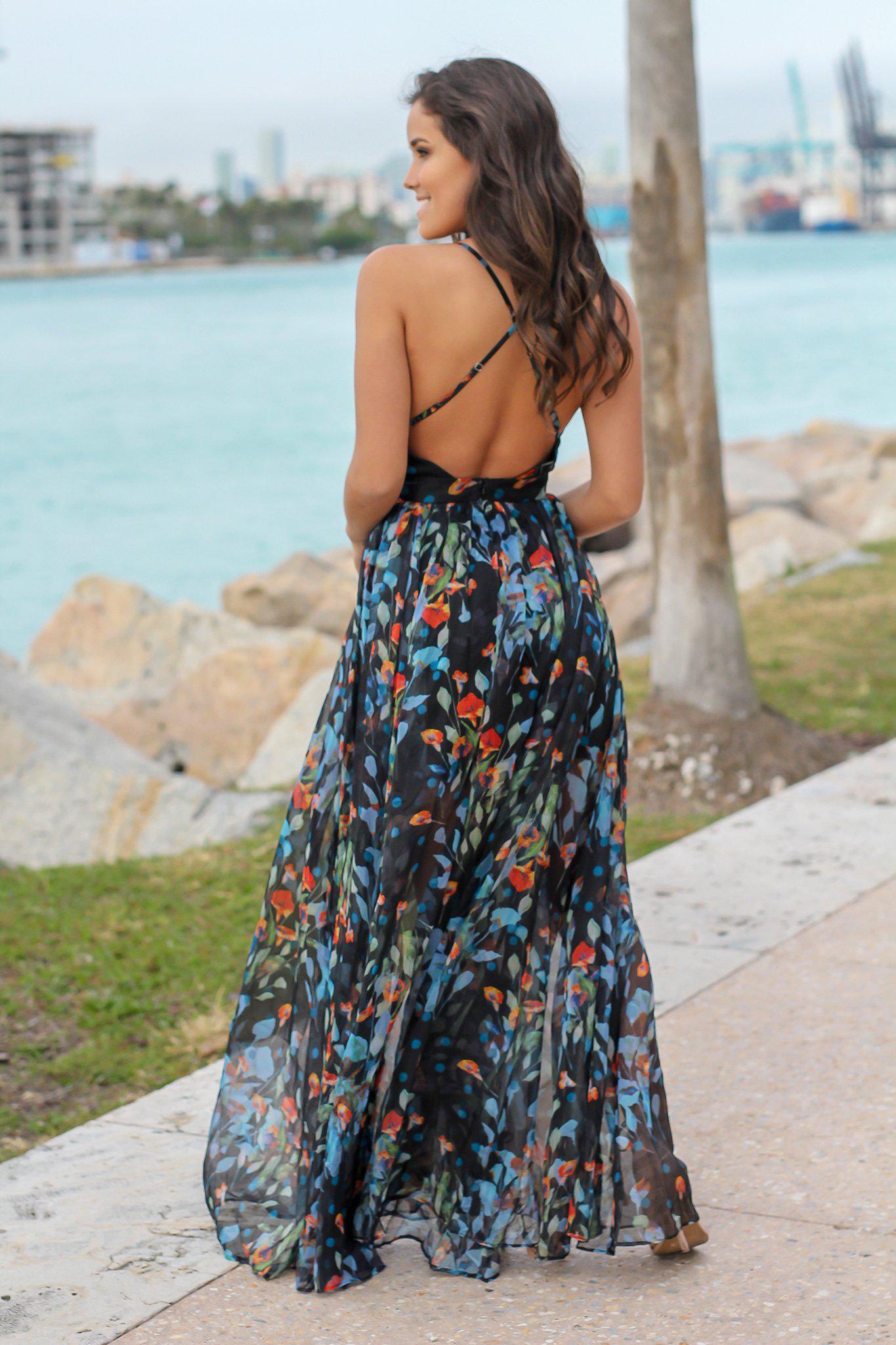 Black and Blue Floral Maxi Dress with Criss Cross Back