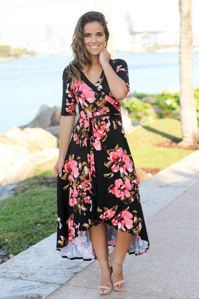 Black and Coral Floral High Low Dress