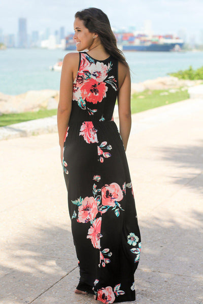 Black and Coral Floral Print Maxi Dress