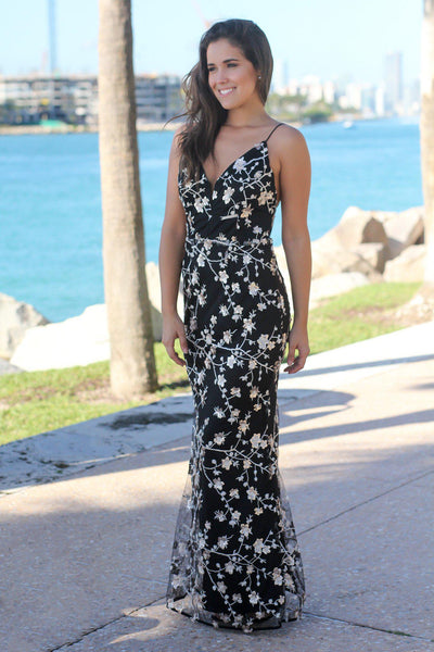 Black and Gold Embroidered Maxi Dress with Open Back