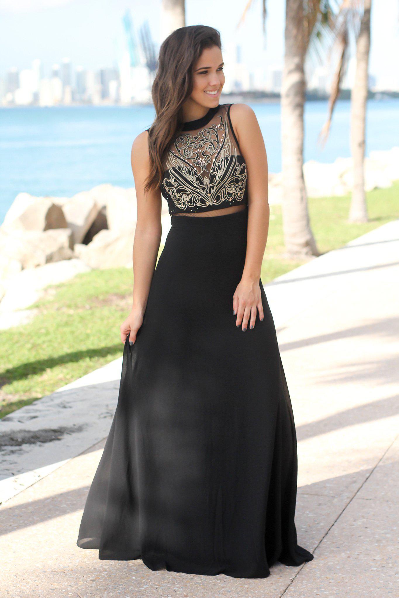 Black and Gold Embroidered Maxi Dress with Tulle Back