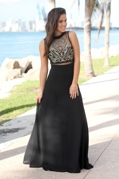 Black and Gold Embroidered Maxi Dress with Tulle Back