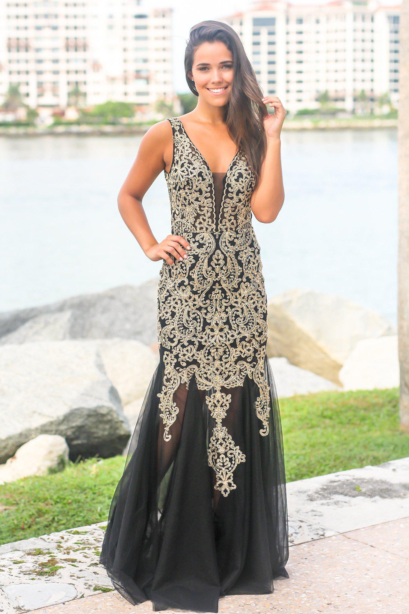 Black and Gold Lace Maxi Dress with Tulle Detail | Maxi Dresses Saved by the Dress Black and Gold Lace Maxi Dress with Tulle Detail | Maxi Dresses Saved by the Dress