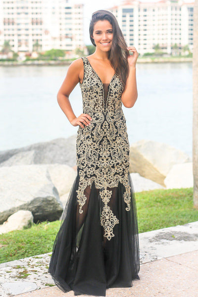 Black and Gold Lace Maxi Dress with Tulle Detail | Maxi Dresses – Saved ...