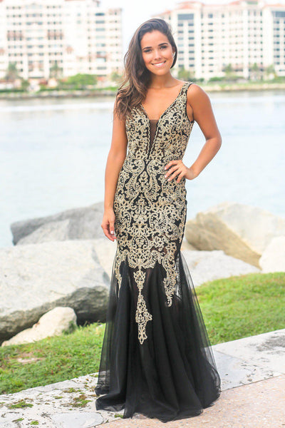 Black and Gold Lace Maxi Dress with Tulle Detail | Maxi Dresses – Saved ...