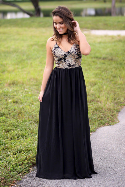 black and gold maxi dress with crochet back