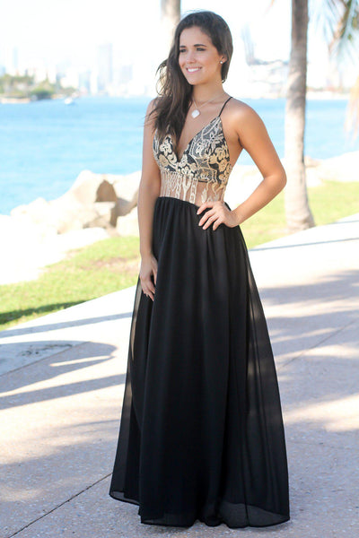 Black and Gold Maxi Dress with Criss Cross Back