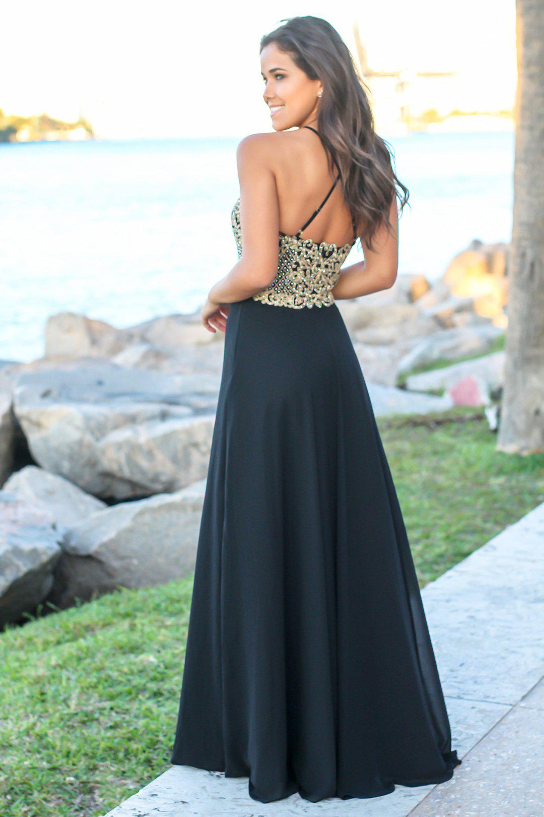 Black and Gold Maxi Dress with Embroidered Top