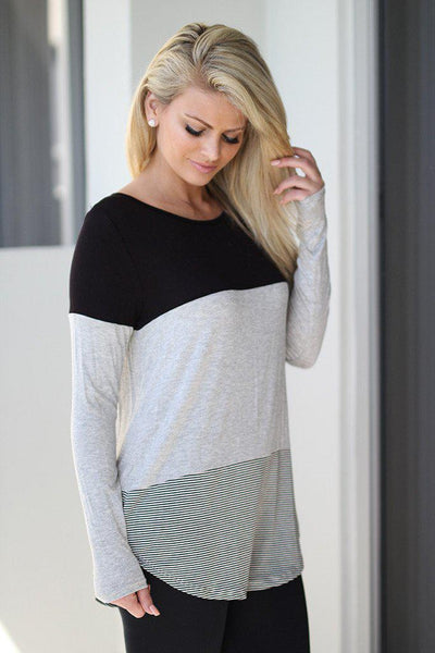 Black and Gray Color Block Top with Crochet Back