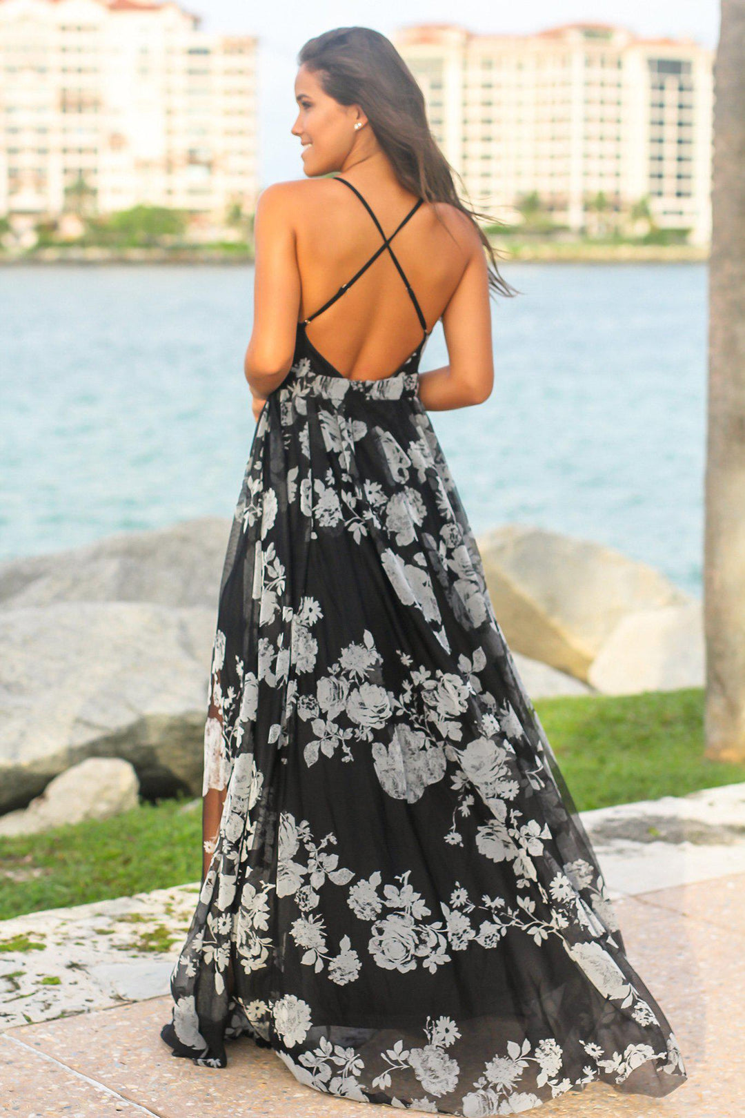 grey and black maxi dress Black and Gray Printed Tulle Maxi Dress with Criss Cross Back