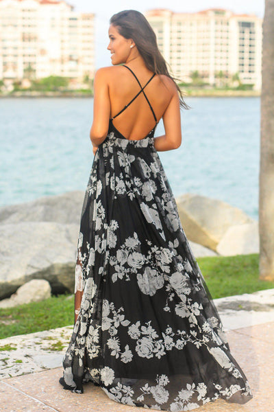 Black and Gray Printed Tulle Maxi Dress with Criss Cross Back