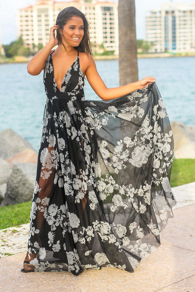 Black and Gray Printed Tulle Maxi Dress with Criss Cross Back