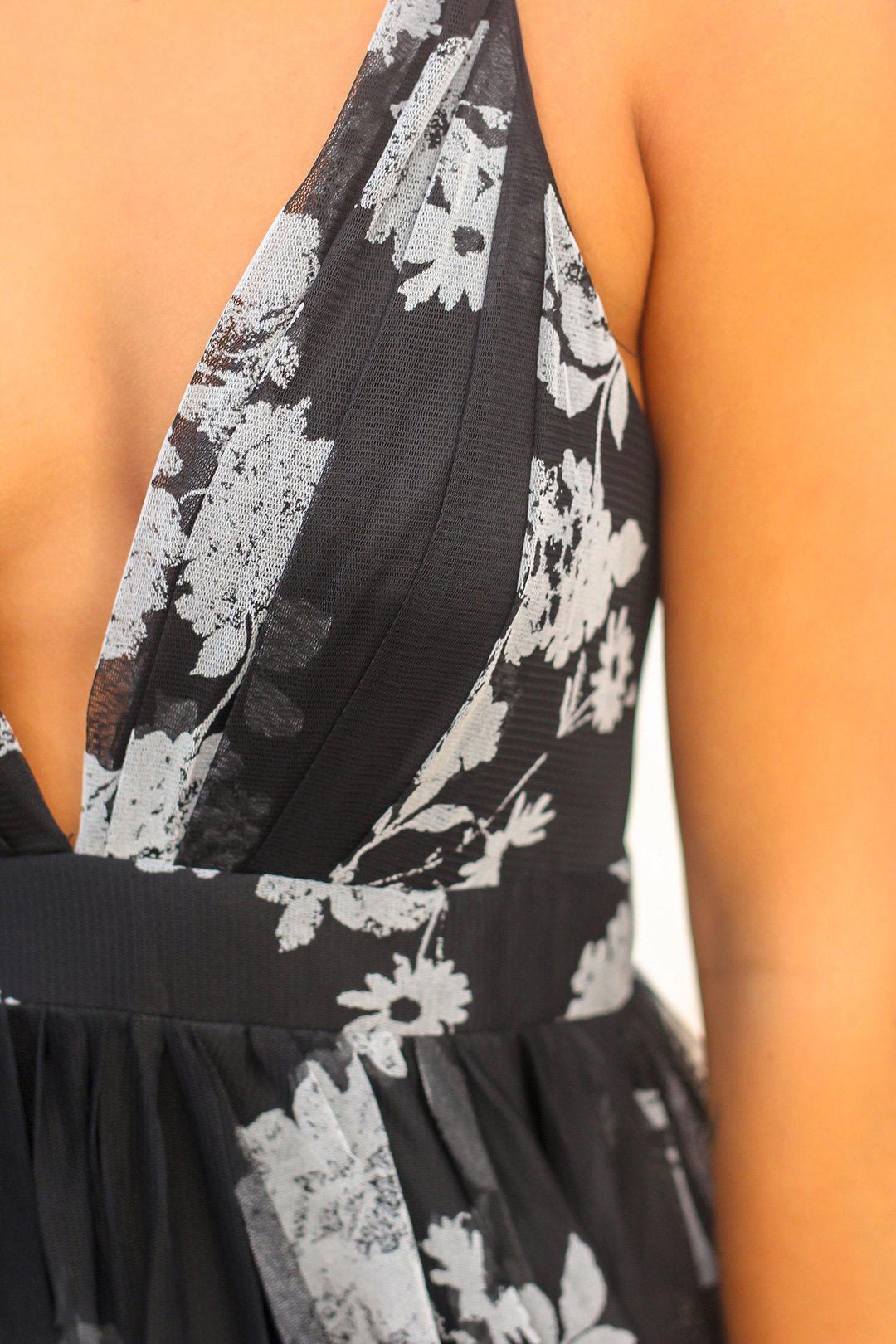 Black and Gray Printed Tulle Maxi Dress with Criss Cross Back | Maxi Dresses   Saved by the Dress