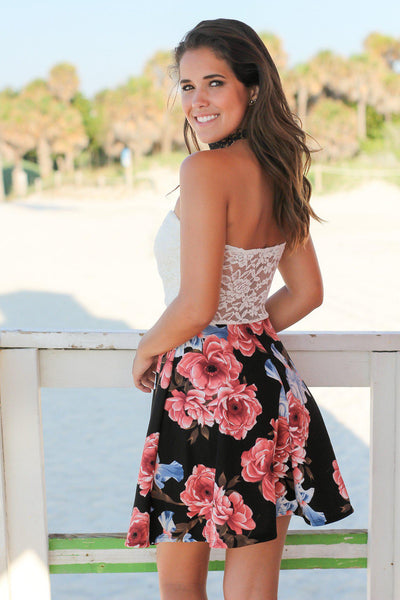 Black and Ivory Floral Short Dress with Lace Top
