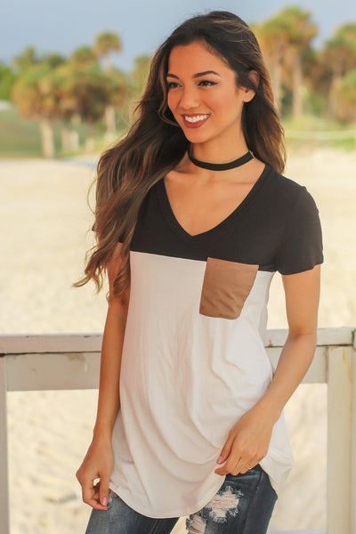 Black and Ivory Top with Suede Pocket