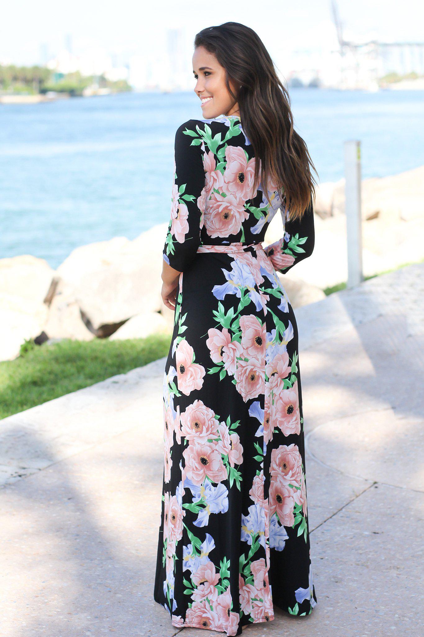 Black and Mauve Floral Maxi Dress with 3/4 Sleeves