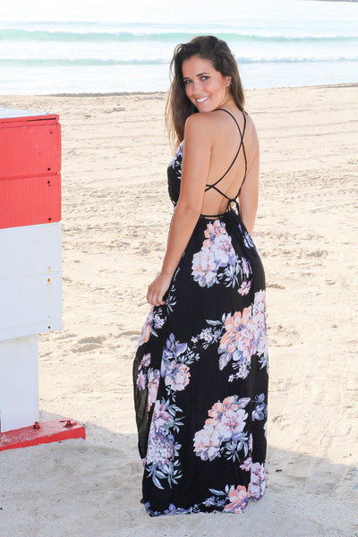 Black and Mauve Floral Maxi Dress with Open Back