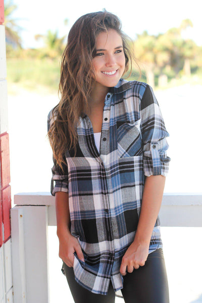 Black and Navy Plaid Top