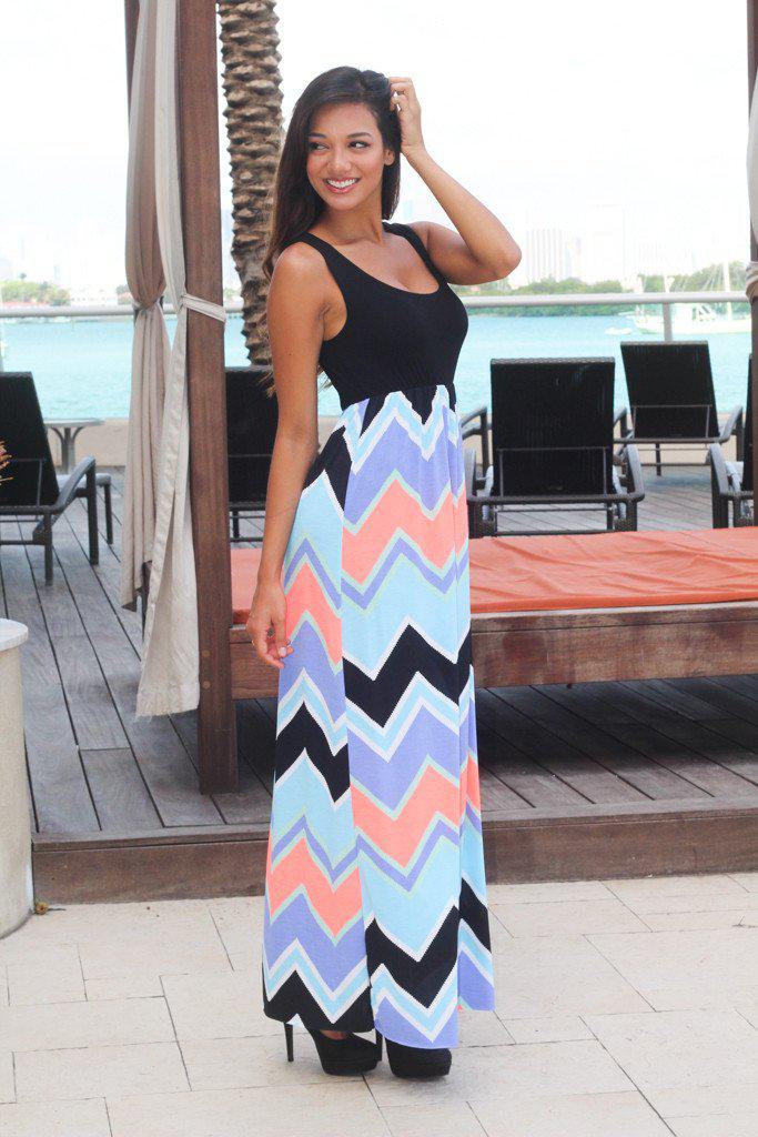 blue dress for baby girl Black and Neon Coral Chevron Maxi Dress – Saved by the Dress