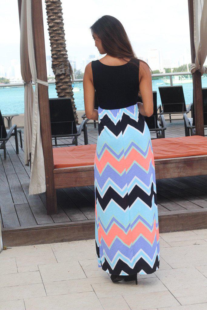 Black and Neon Coral Chevron Maxi Dress