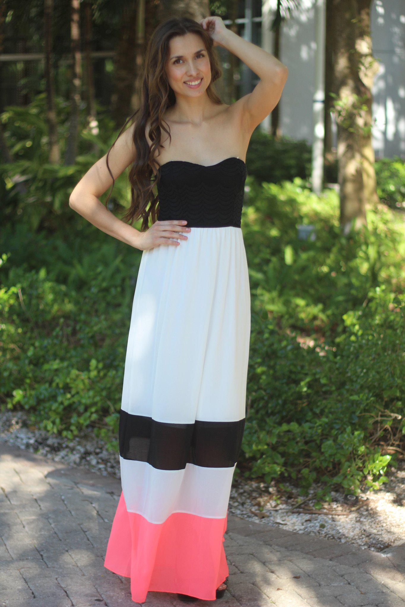 Neon Coral and White Maxi Dress