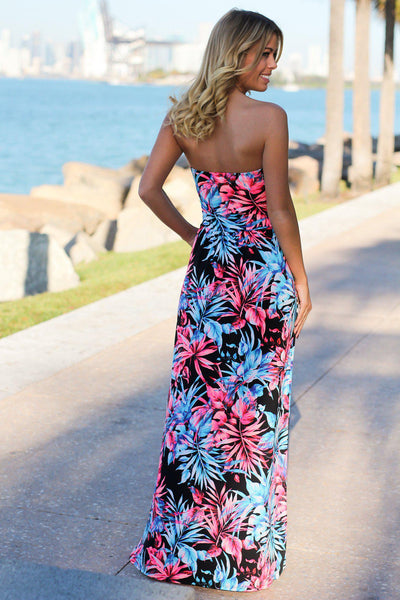 Black and Neon Pink Tropical Maxi Dress