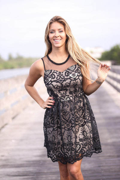 Black and Nude Lace Short Dress