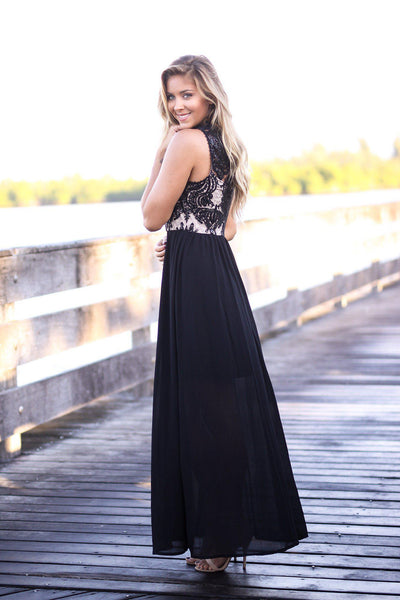 Black and Nude Maxi Dress with Sequined Top