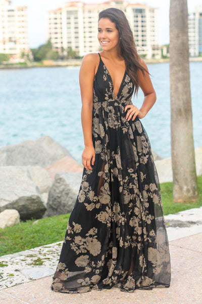 Black and Nude Printed Tulle Maxi Dress with Criss Cross Back